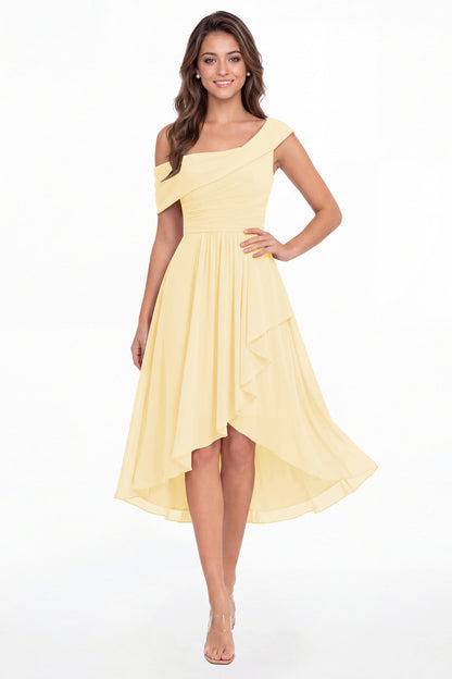 Butter Yellow One Shoulder Ruched Chiffon Midi Dress - Front View