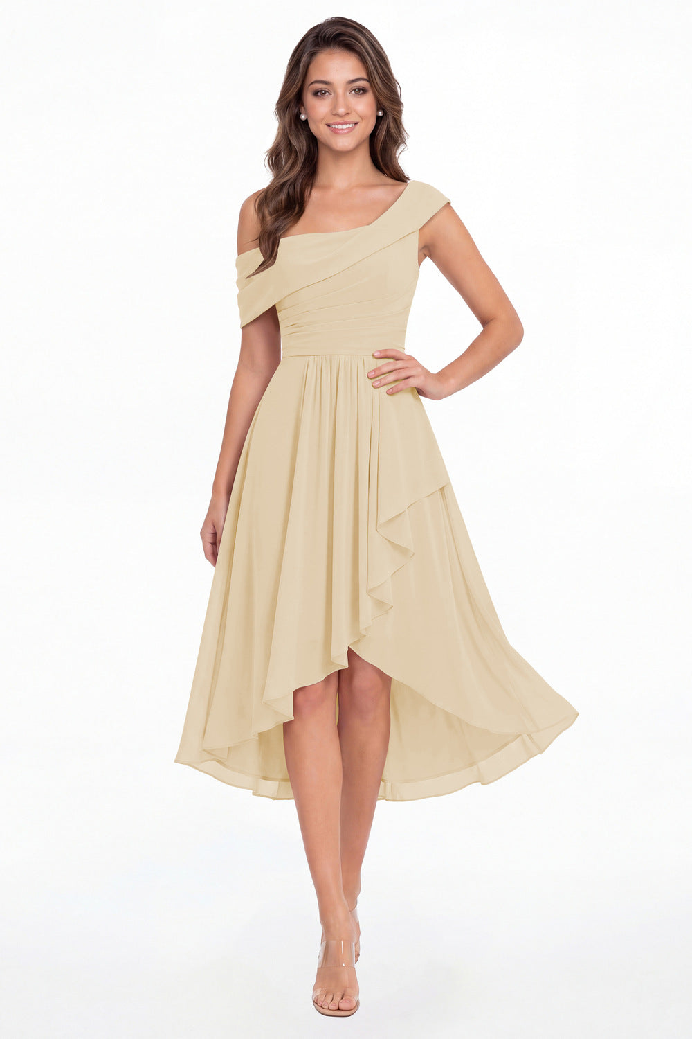 Champagne One Shoulder Ruched Chiffon Midi Dress - Front View