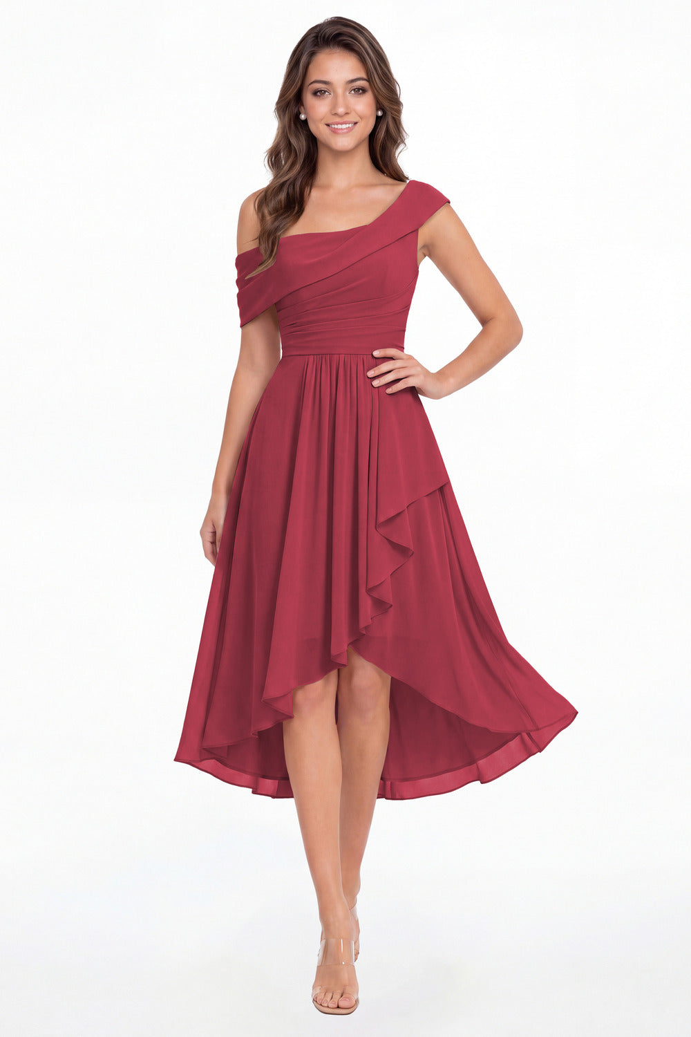 Desert Rose One Shoulder Ruched Chiffon Midi Dress - Front View