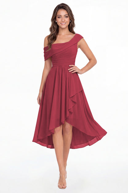 Desert Rose One Shoulder Ruched Chiffon Midi Dress - Front View