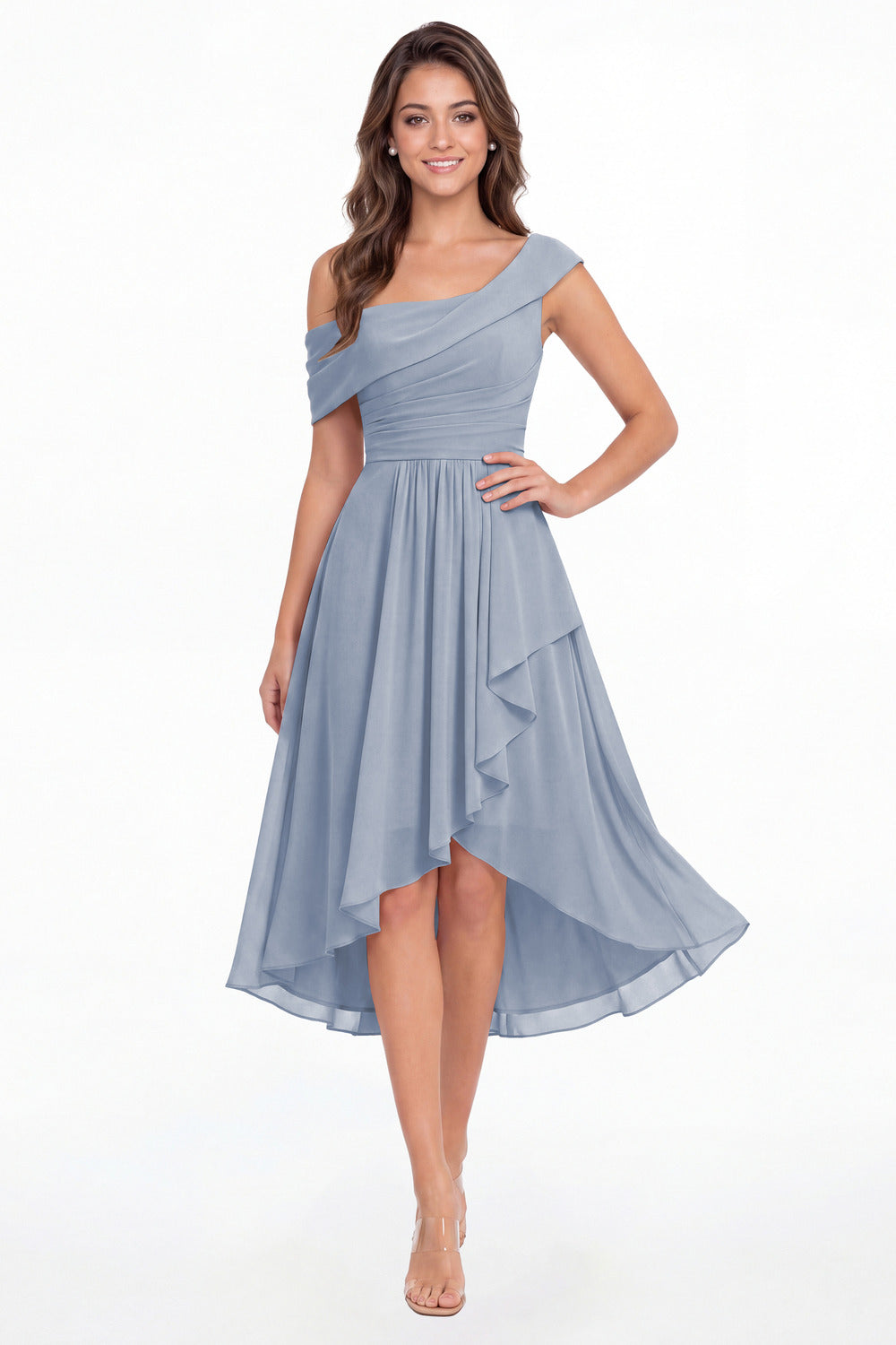 Dusty Blue One Shoulder Ruched Chiffon Midi Dress - Front View