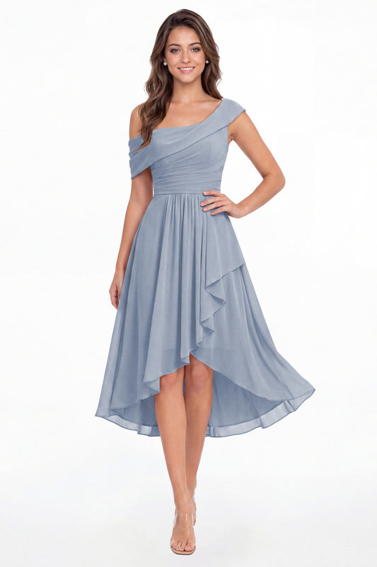 Dusty Blue One Shoulder Ruched Chiffon Midi Dress - Front View