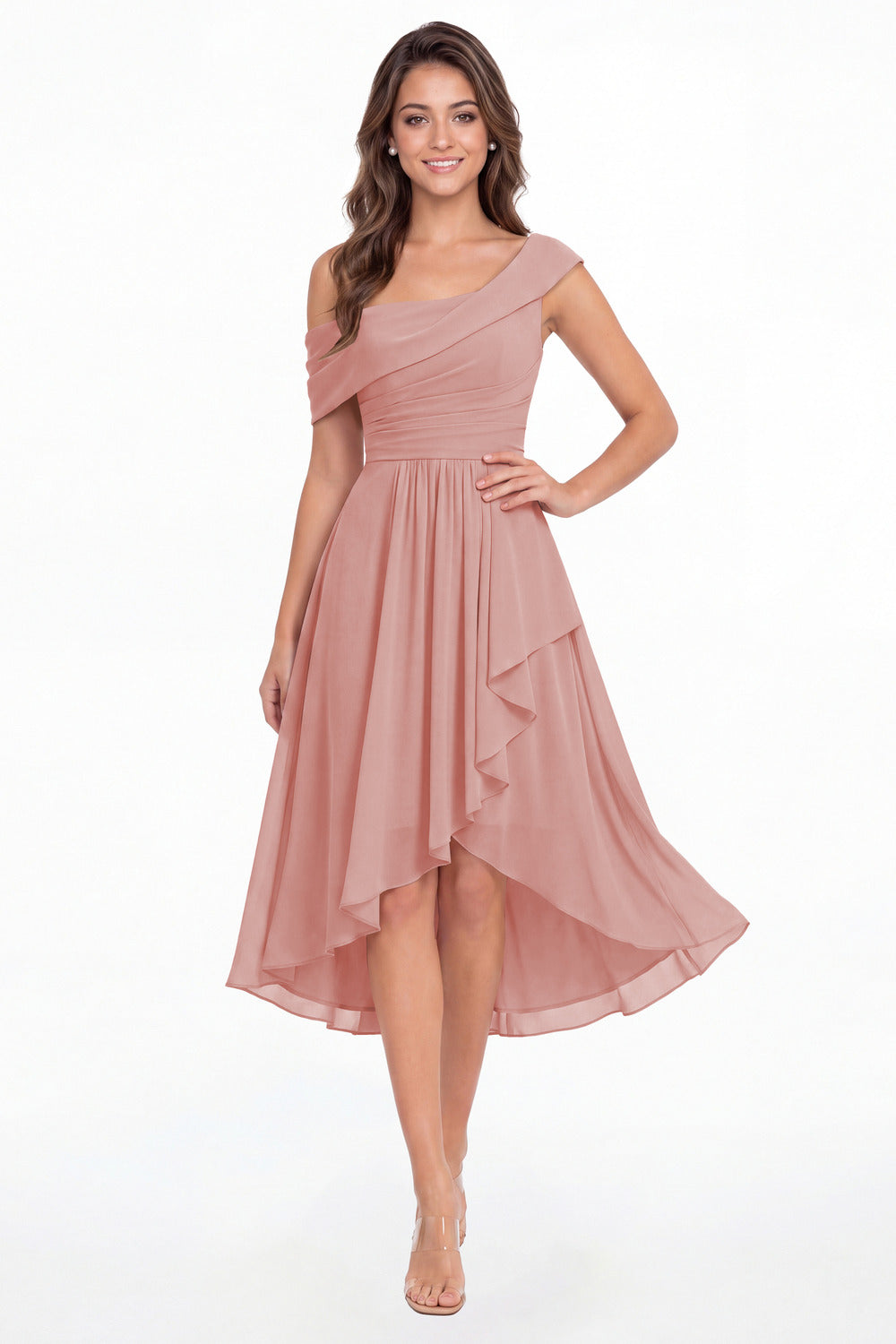 Dusty Rose One Shoulder Ruched Chiffon Midi Dress - Front View