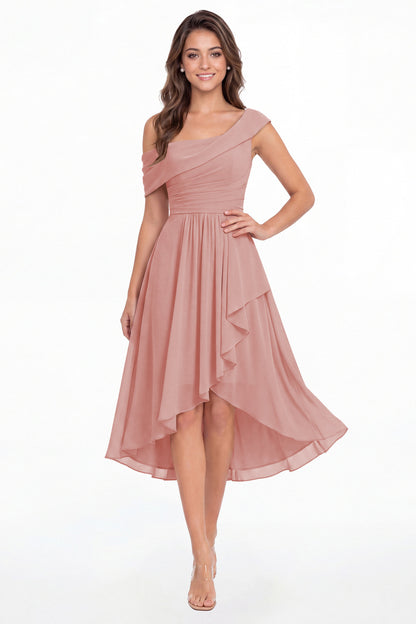 Dusty Rose One Shoulder Ruched Chiffon Midi Dress - Front View