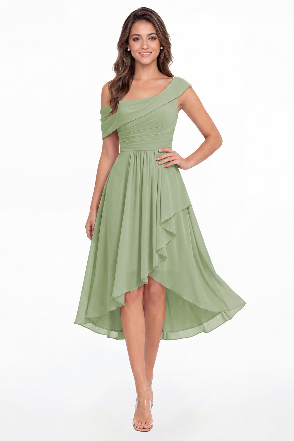 Dusty Sage One Shoulder Ruched Chiffon Midi Dress - Front View