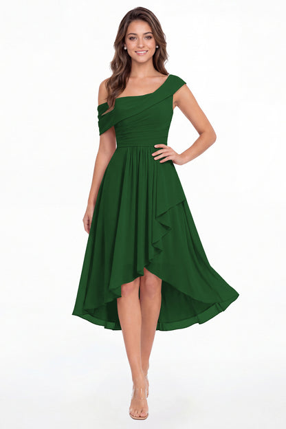 Emerald Green One Shoulder Ruched Chiffon Midi Dress - Front View