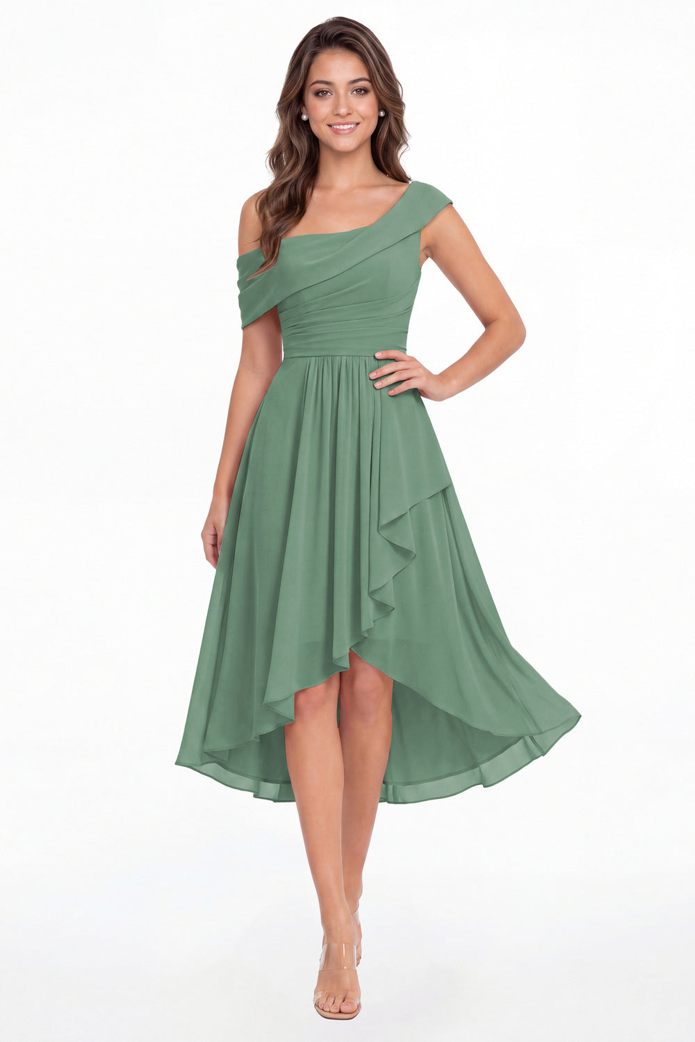 Eucalyptus One Shoulder Ruched Chiffon Midi Dress - Front View