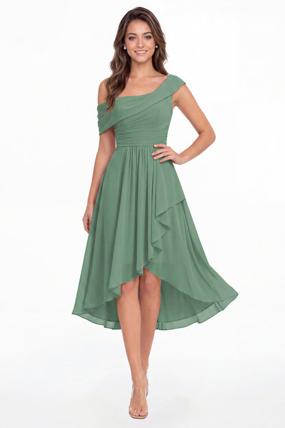 Eucalyptus One Shoulder Ruched Chiffon Midi Dress - Front View