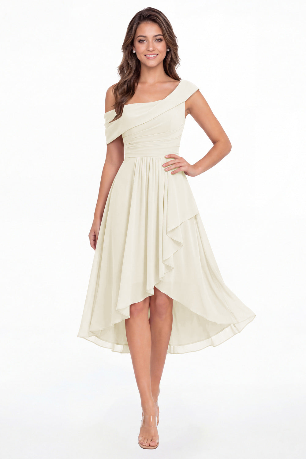 Ivory One Shoulder Ruched Chiffon Midi Dress - Front View