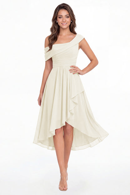 Ivory One Shoulder Ruched Chiffon Midi Dress - Front View