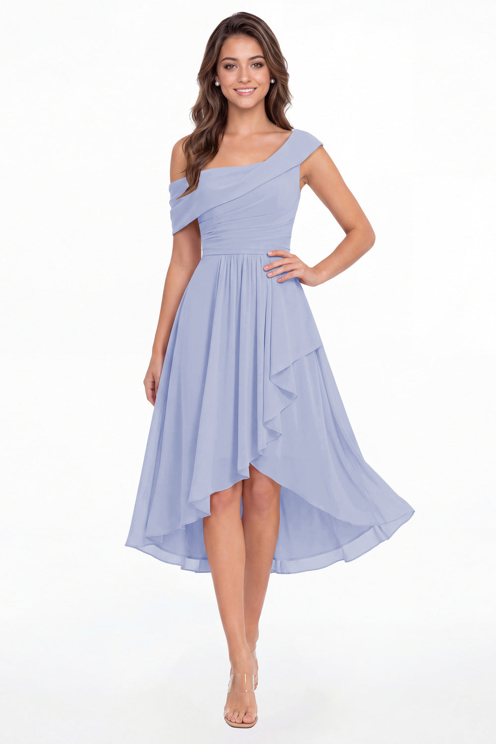 Lavender One Shoulder Ruched Chiffon Midi Dress - Front View