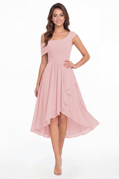 Light Pink One Shoulder Ruched Chiffon Midi Dress - Front View