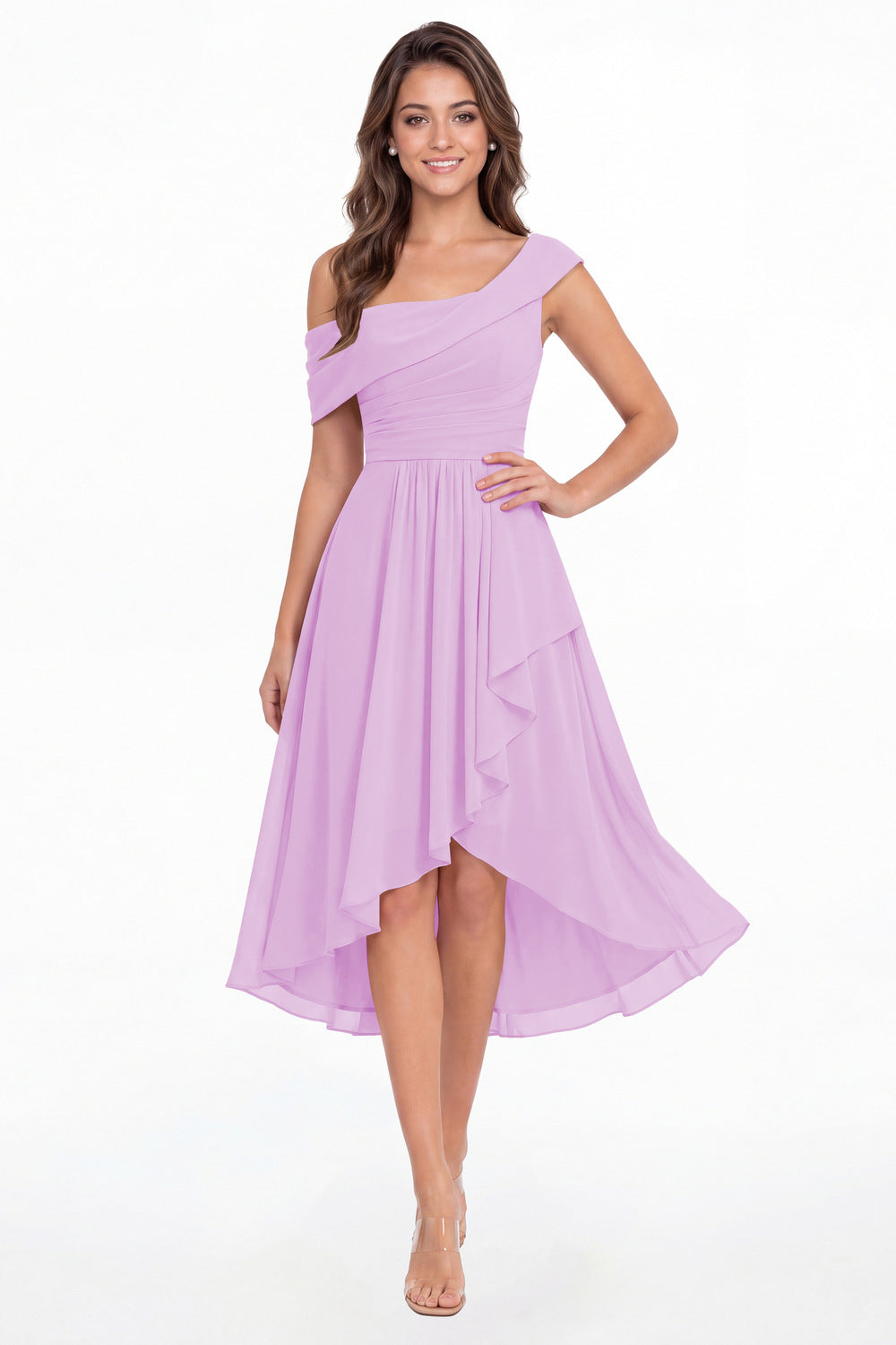 Lilac One Shoulder Ruched Chiffon Midi Dress - Front View