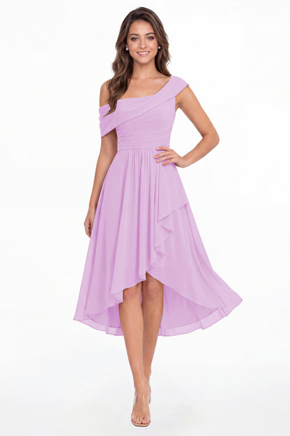Lilac One Shoulder Ruched Chiffon Midi Dress - Front View