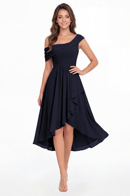 Navy Blue One Shoulder Ruched Chiffon Midi Dress - Front View