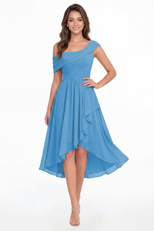 Ocean Blue One Shoulder Ruched Chiffon Midi Dress - Front View