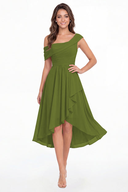 Olive Green One Shoulder Ruched Chiffon Midi Dress - Front View
