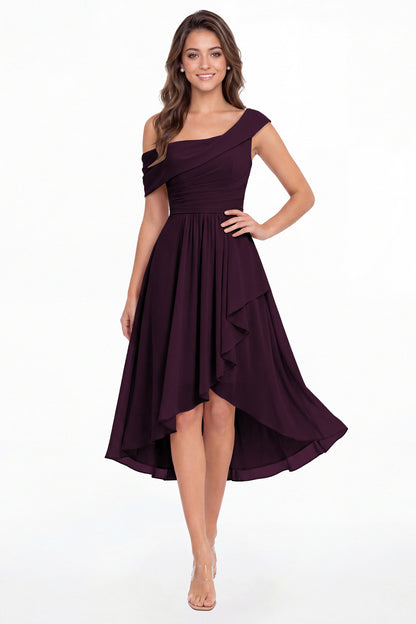 Plum One Shoulder Ruched Chiffon Midi Dress - Front View