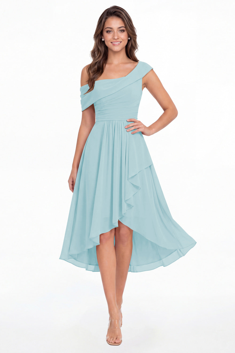 Powder Blue One Shoulder Ruched Chiffon Midi Dress - Front View