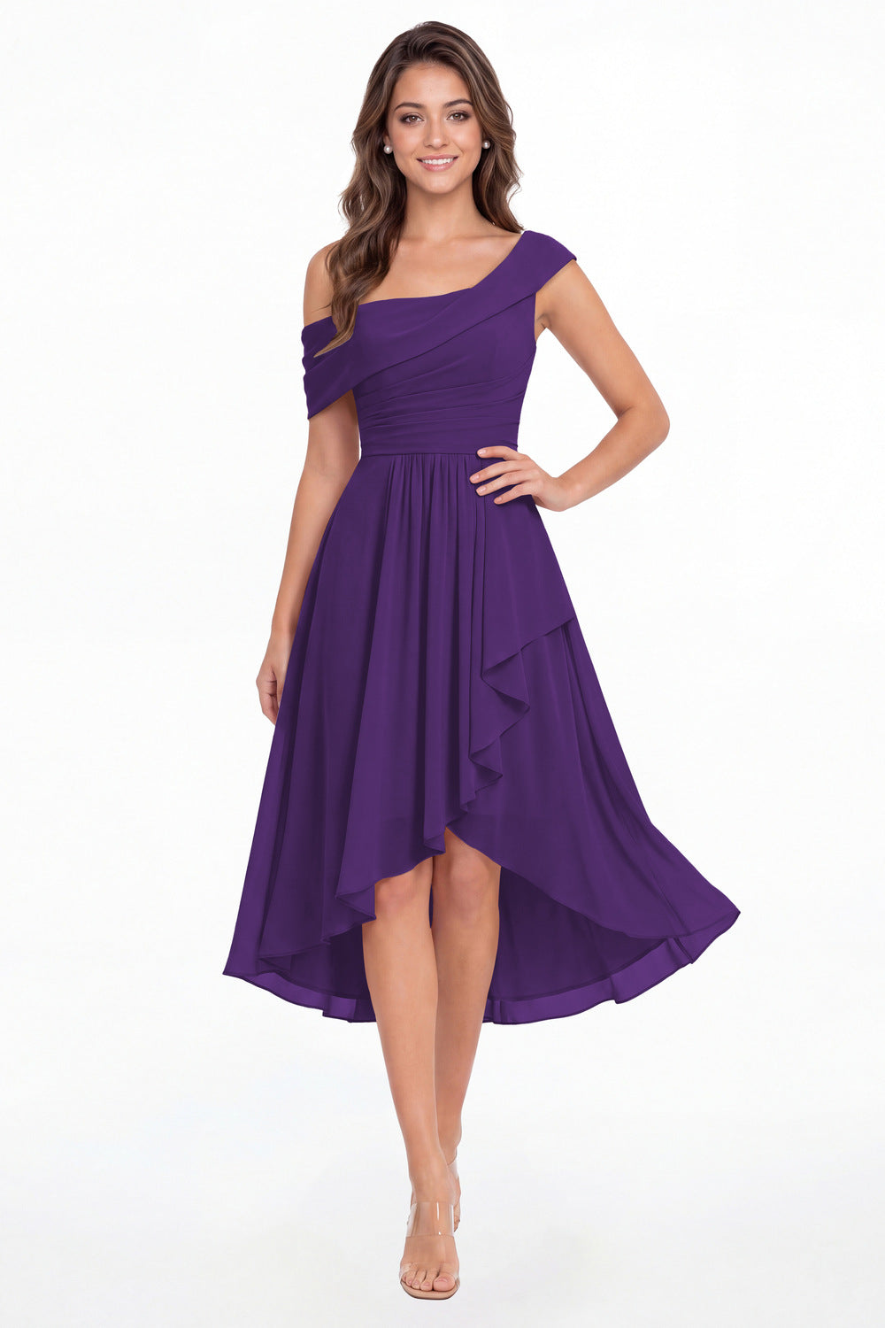 Purple One Shoulder Ruched Chiffon Midi Dress - Front View