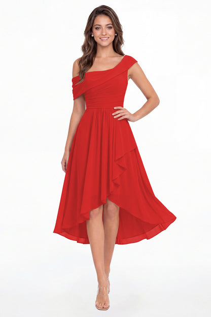 Red One Shoulder Ruched Chiffon Midi Dress - Front View