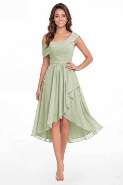 Sage Green One Shoulder Ruched Chiffon Midi Dress - Front View