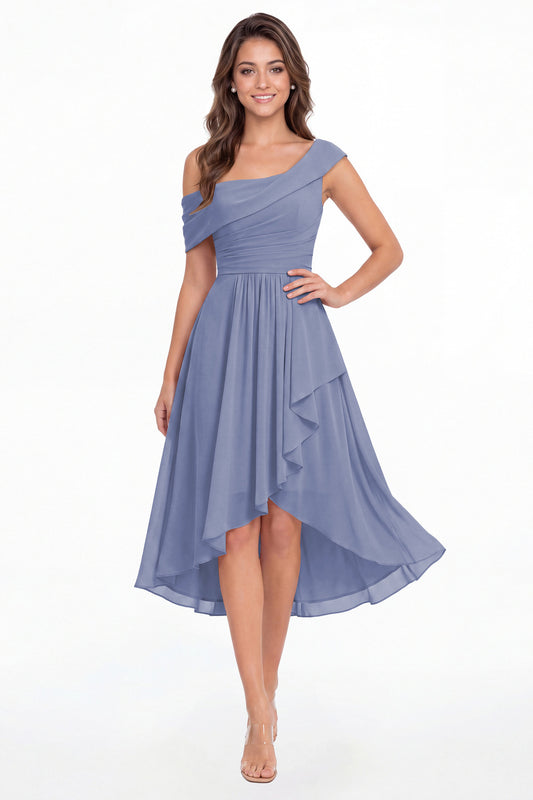 Steel Blue One Shoulder Ruched Chiffon Midi Dress - Front View