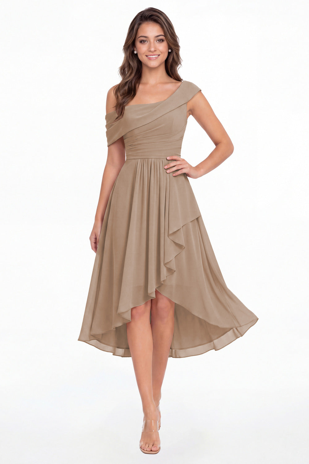 Taupe One Shoulder Ruched Chiffon Midi Dress - Front View