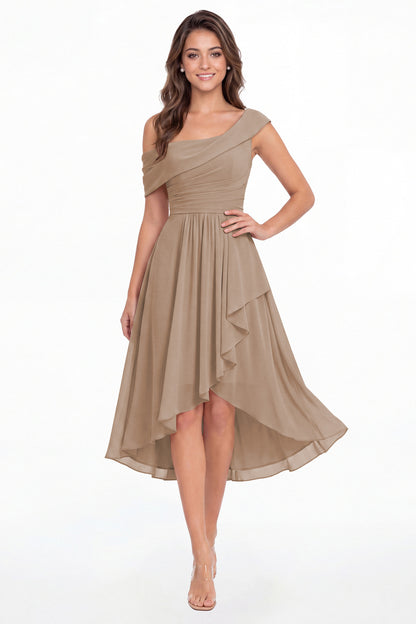 Taupe One Shoulder Ruched Chiffon Midi Dress - Front View