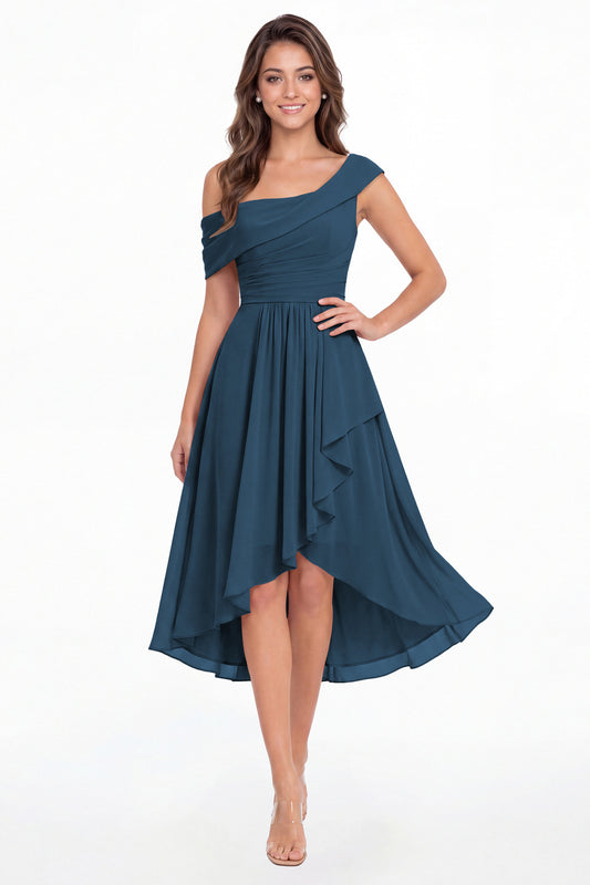 Teal One Shoulder Ruched Chiffon Midi Dress - Front View