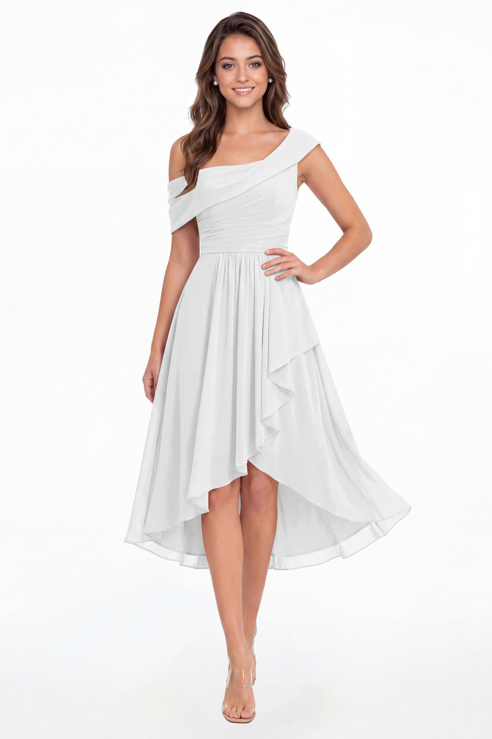 White One Shoulder Ruched Chiffon Midi Dress - Front View