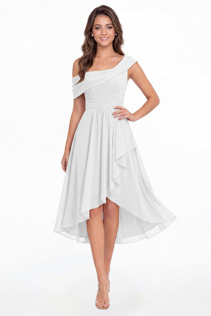 White One Shoulder Ruched Chiffon Midi Dress - Front View
