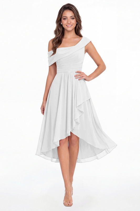 White One Shoulder Ruched Chiffon Midi Dress - Front View
