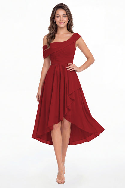 Wine Red One Shoulder Ruched Chiffon Midi Dress - Front View