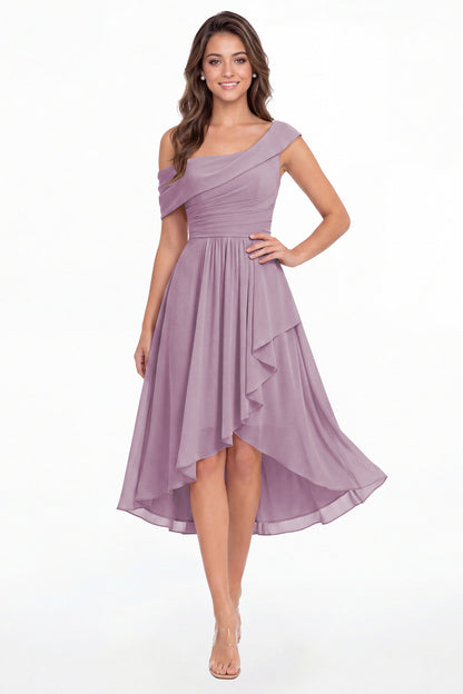 Wisteria One Shoulder Ruched Chiffon Midi Dress - Front View