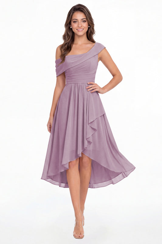 Wisteria One Shoulder Ruched Chiffon Midi Dress - Front View