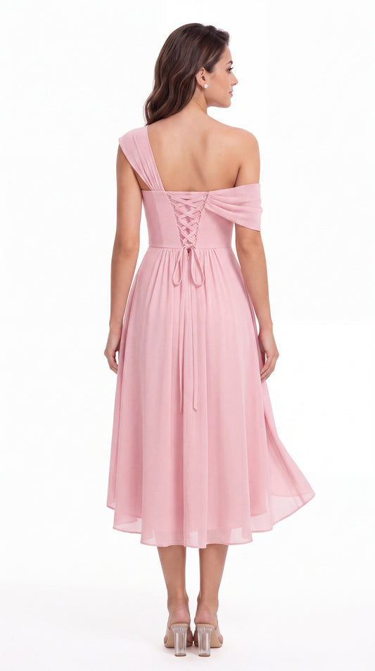 One Shoulder Ruched Chiffon Midi Dress - Back View
