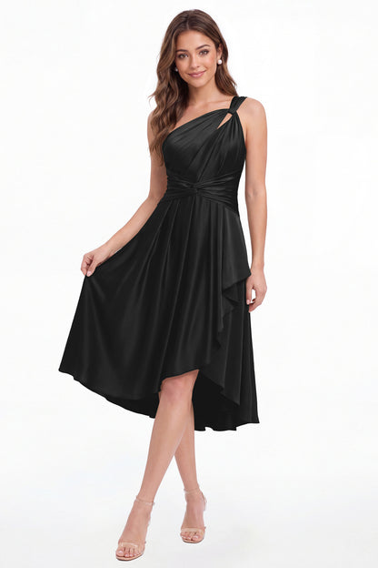 Black One Shoulder Satin Ruched Midi Dress - Front View