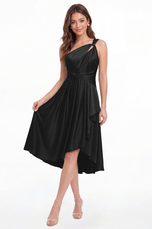 Black One Shoulder Satin Ruched Midi Dress - Front View