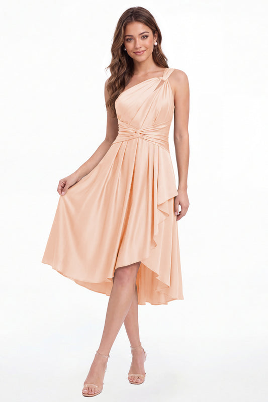 Blush Pink One Shoulder Satin Ruched Midi Dress - Front View