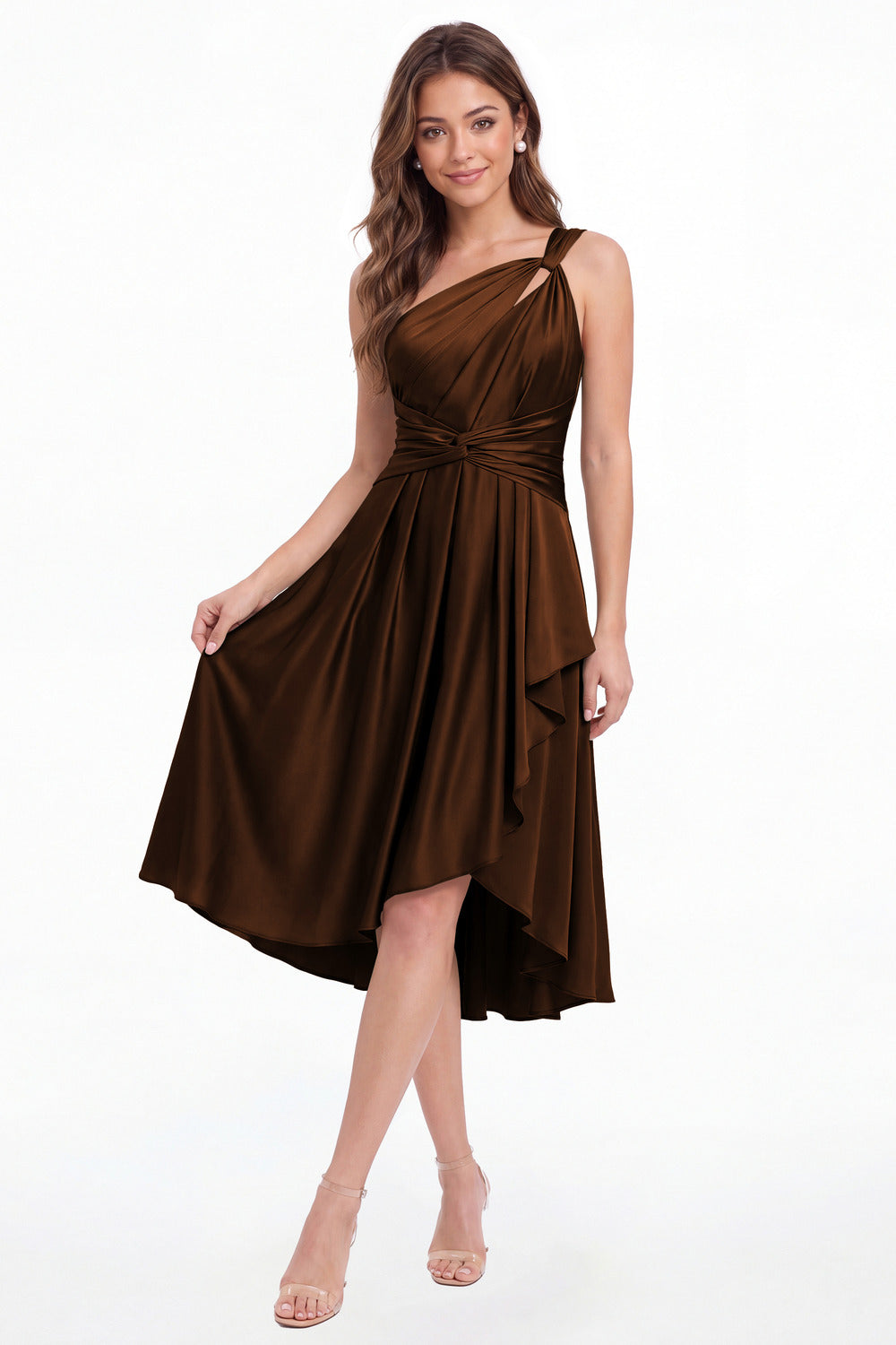 Brown One Shoulder Satin Ruched Midi Dress - Front View