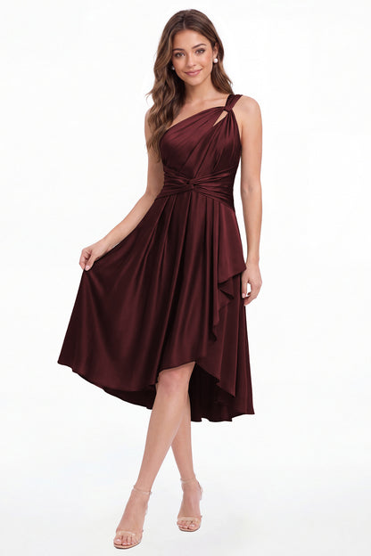 Burgundy One Shoulder Satin Ruched Midi Dress - Front View