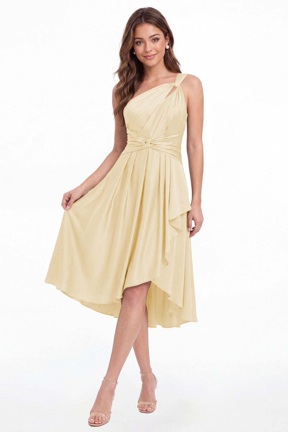 Champagne One Shoulder Satin Ruched Midi Dress - Front View