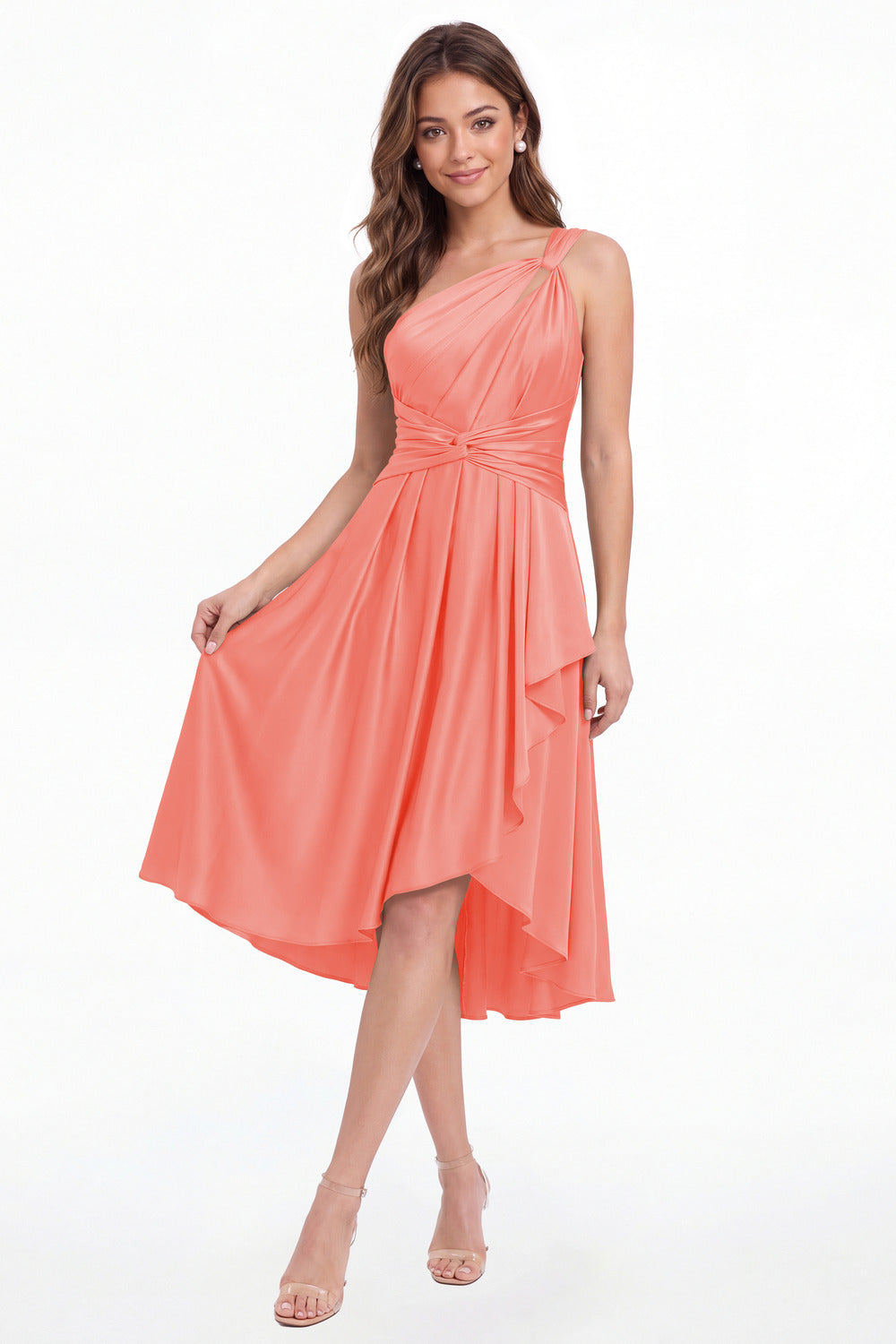 Coral One Shoulder Satin Ruched Midi Dress - Front View