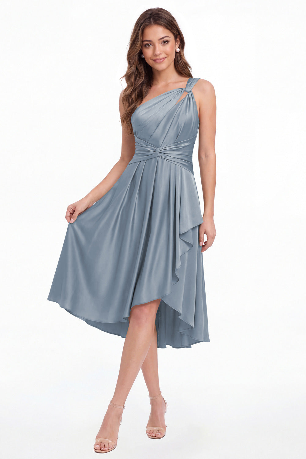 Dusty Blue One Shoulder Satin Ruched Midi Dress - Front View