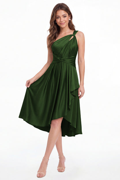 Emerald Green One Shoulder Satin Ruched Midi Dress - Front View