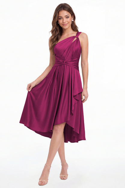 Fuchsia One Shoulder Satin Ruched Midi Dress - Front View