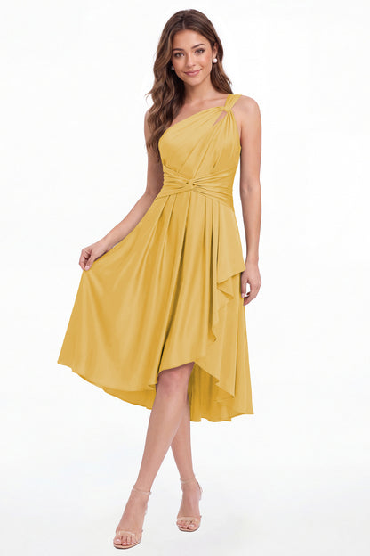 Gold One Shoulder Satin Ruched Midi Dress - Front View