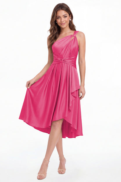 Hot Pink One Shoulder Satin Ruched Midi Dress - Front View