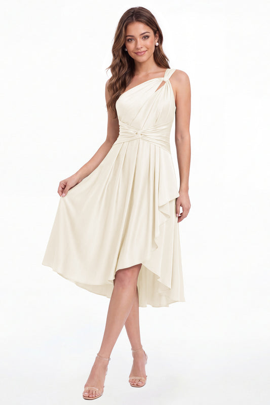 Ivory One Shoulder Satin Ruched Midi Dress - Front View